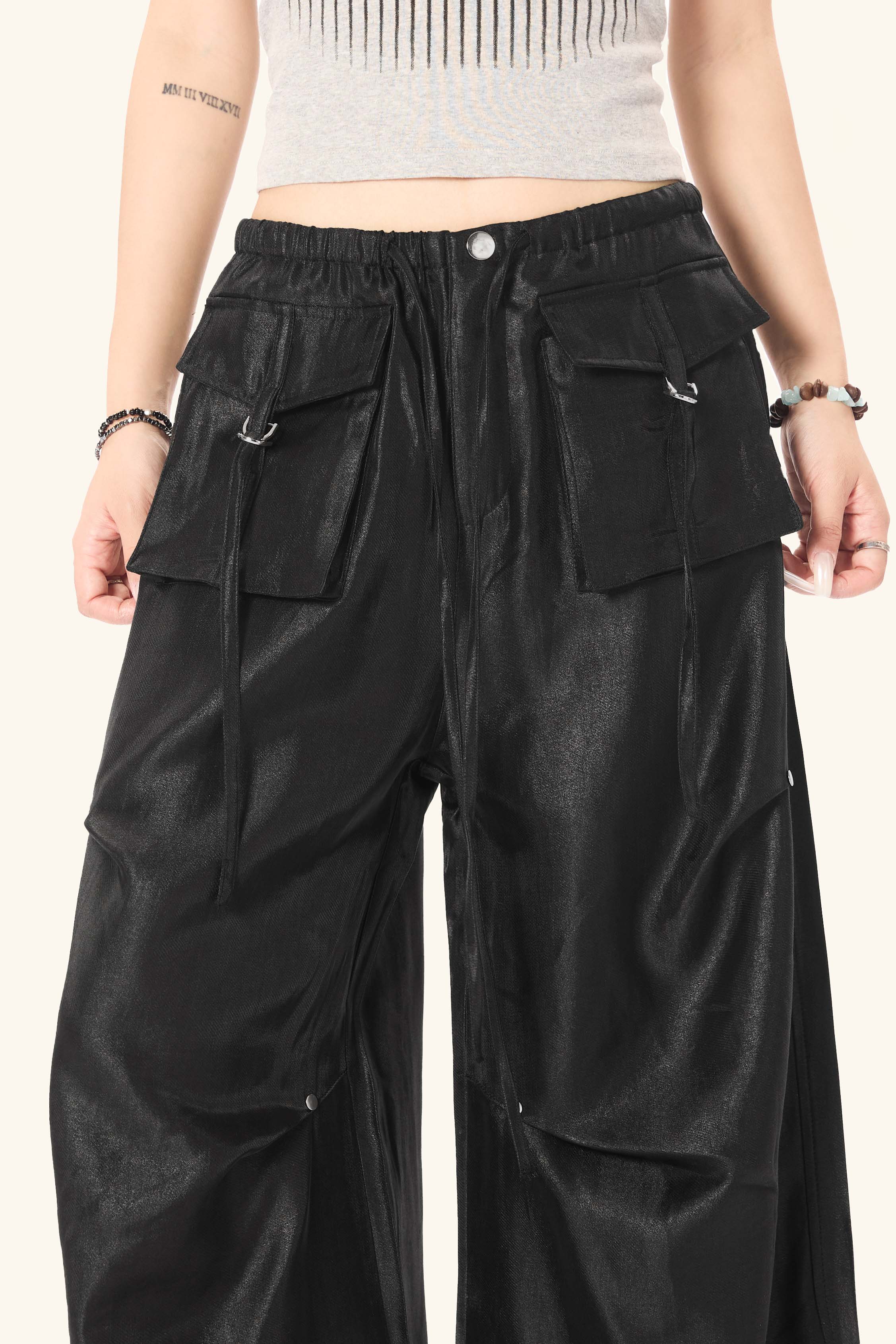 Omirad Glossy Utility Cargo Pants | Wide Leg Barrel Fit