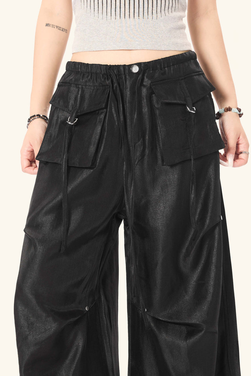 Omirad Glossy Utility Cargo Pants | Wide Leg Barrel Fit