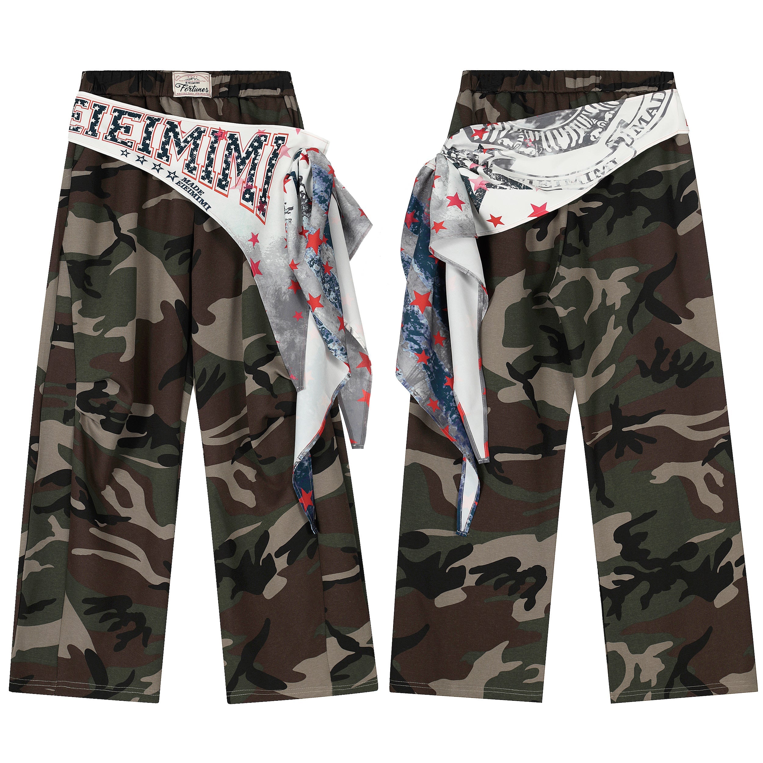 Front and back view of woodland camo wide leg pants with a draped star-print scarf-wrap waistband detail