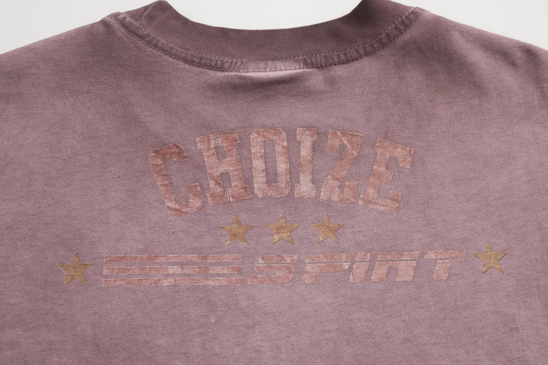 Vintage wash mauve tee with faded CHOIZE SPINT racing graphic and star accents on the chest