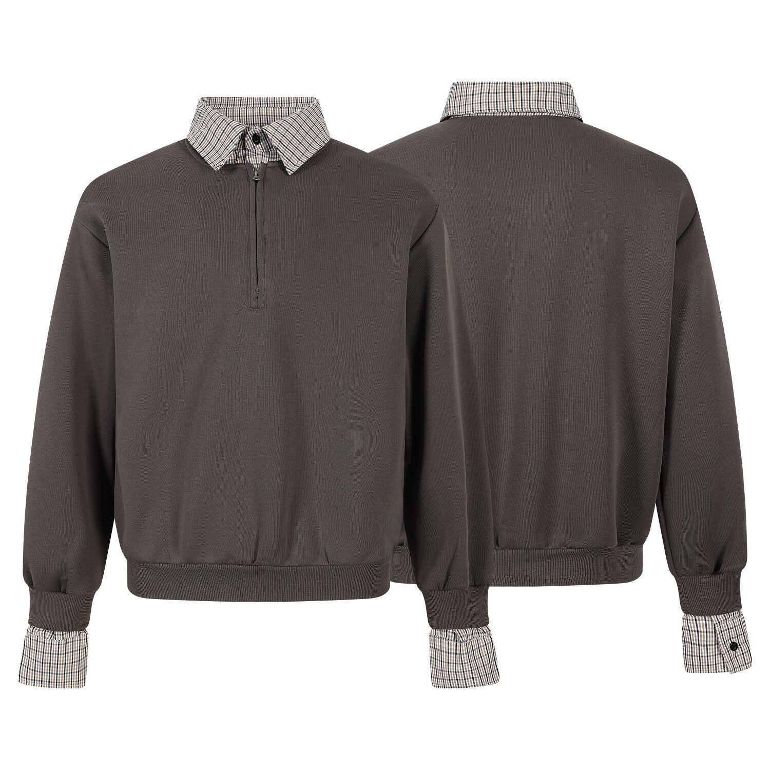 Layered Checkered Collar Half-Zip Pullover | Relaxed Fit