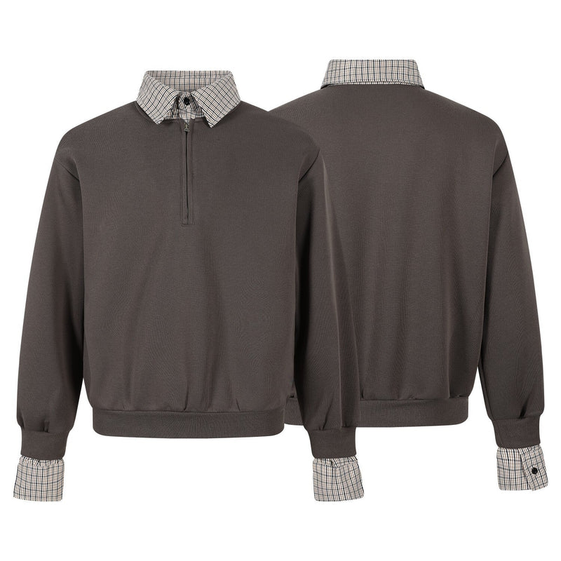 Front and back view of dark brown pullover with plaid collar and plaid cuffs