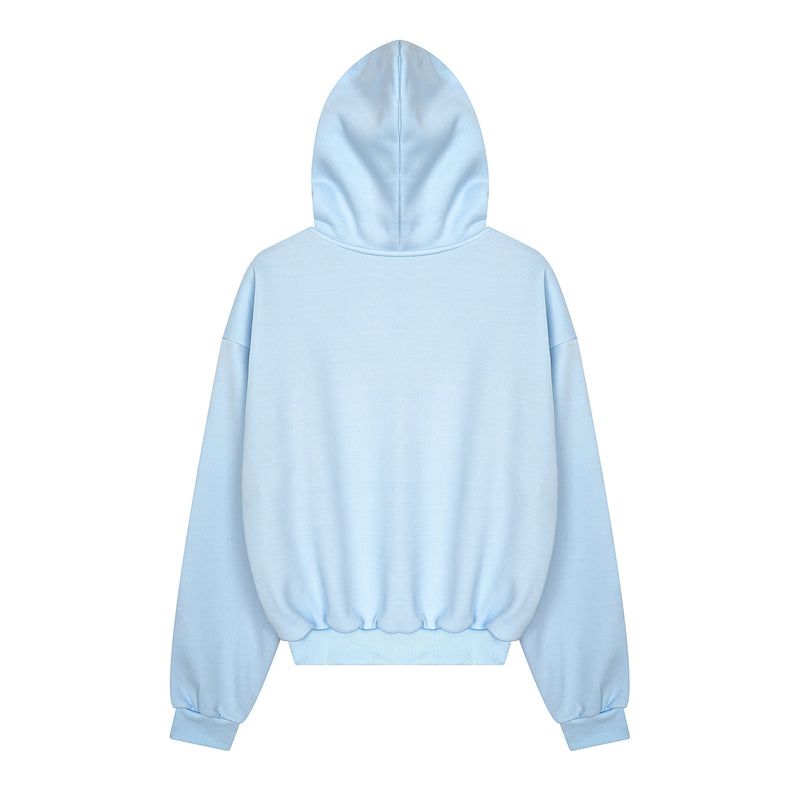 Light blue zip-up hoodie shown from the back with plain hood and ribbed hem