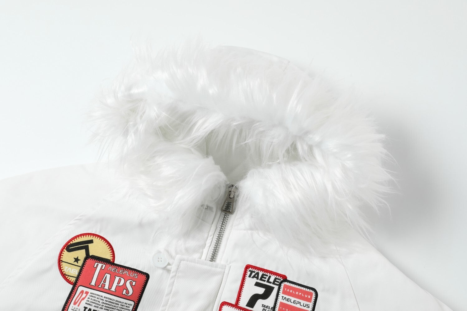 Faux Fur Hooded Bomber Jacket with Badge Patches | SEAKOFF