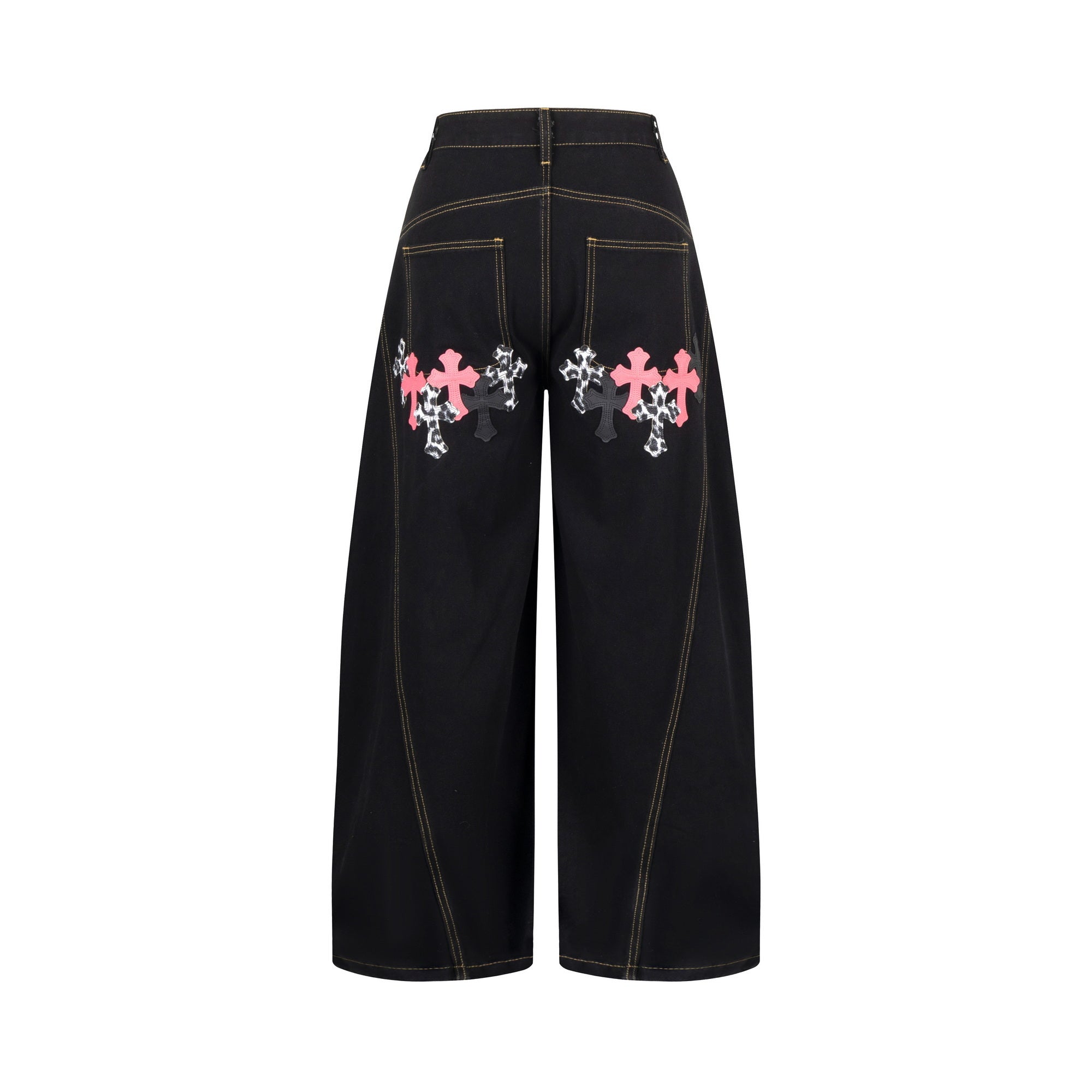 Gothic Cross Wide-Leg Jeans | Black Denim with Cross Patches