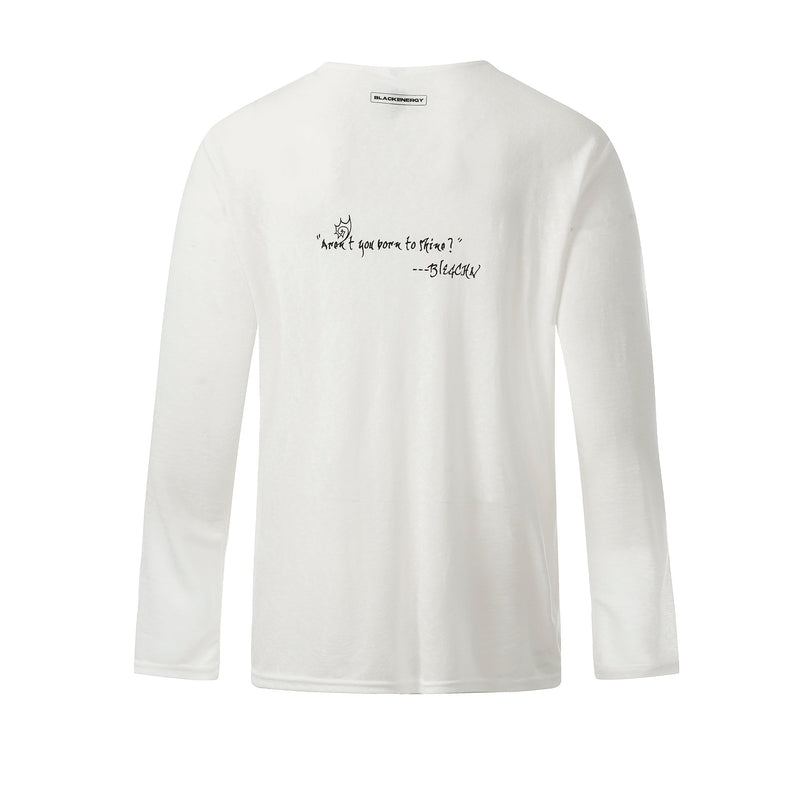 Back view of white long sleeve Henley tee with small neck label and printed quote