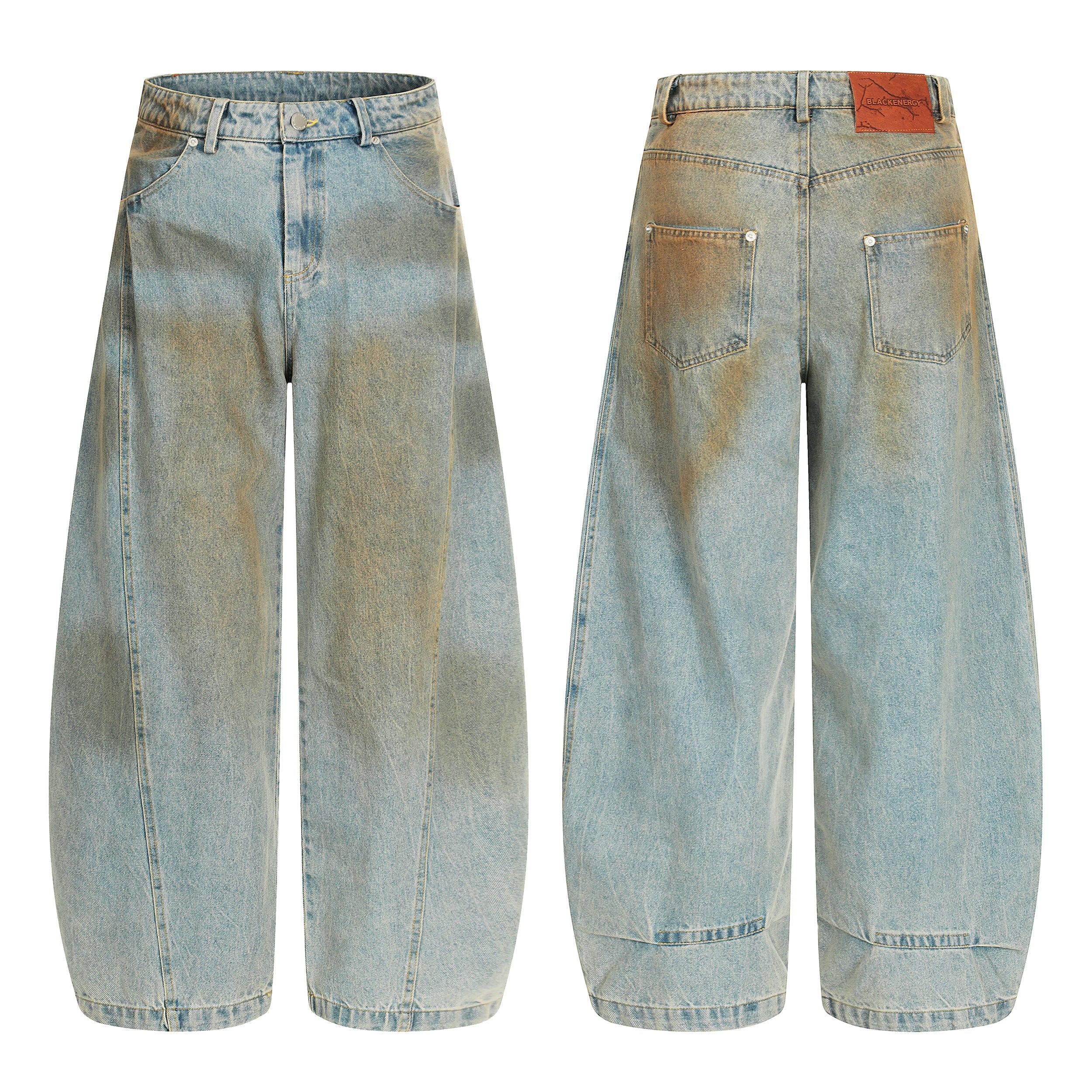 Front and back view of light blue washed barrel leg denim pants with earthy gradient fading and leather logo patch