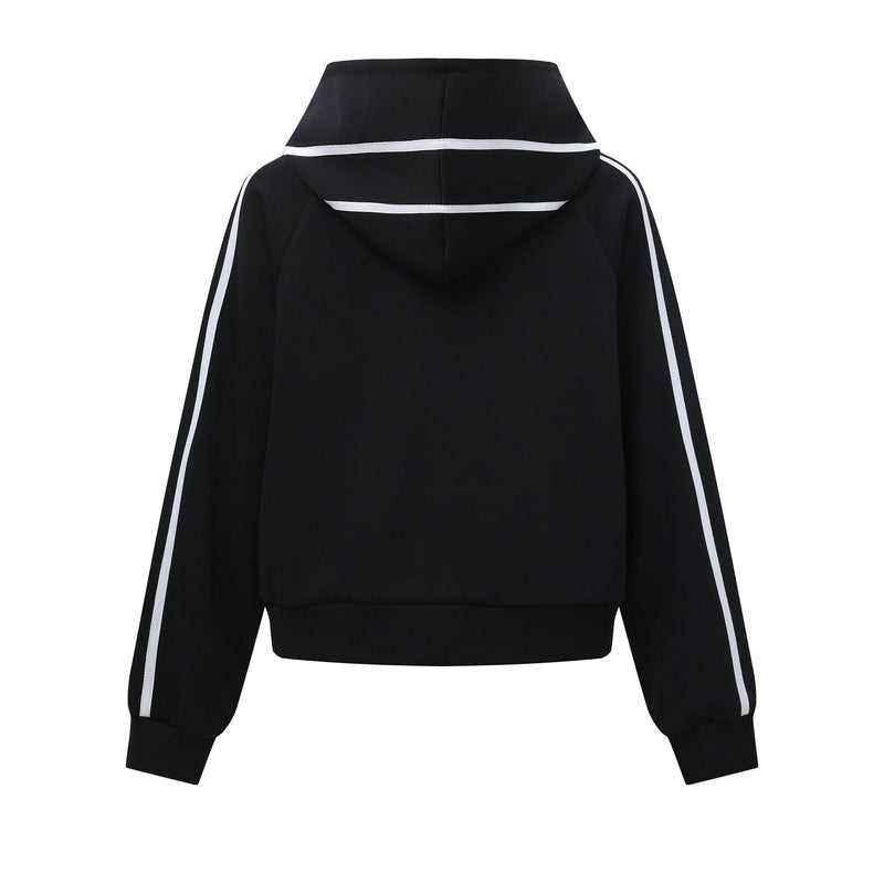 Black hoodie back view with white shoulder stripes and black-and-white sleeve trim