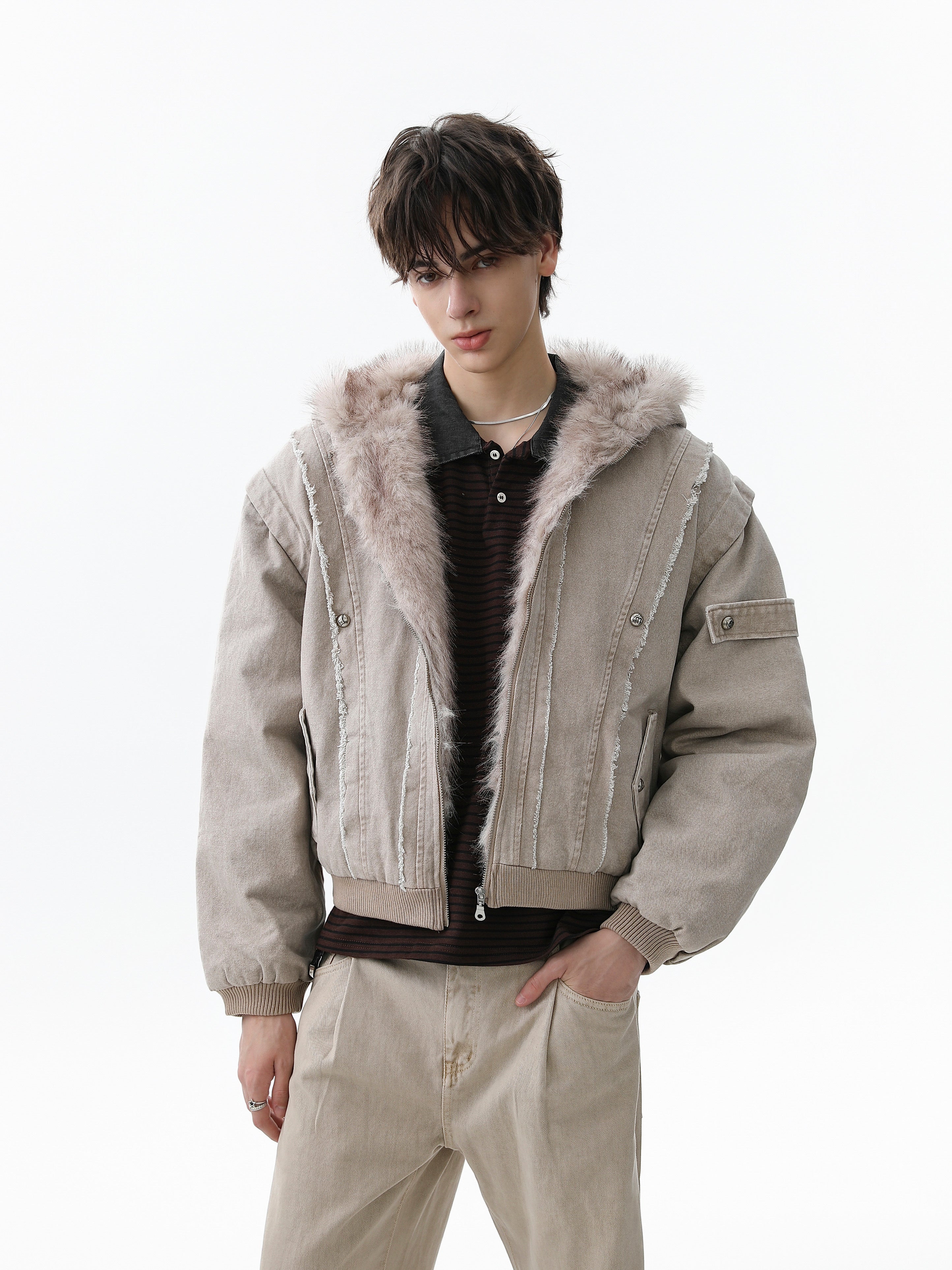 Washed Shearling-Lined Denim Hooded Bomber Jacket
