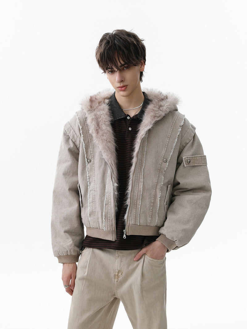 Washed Shearling-Lined Denim Hooded Bomber Jacket
