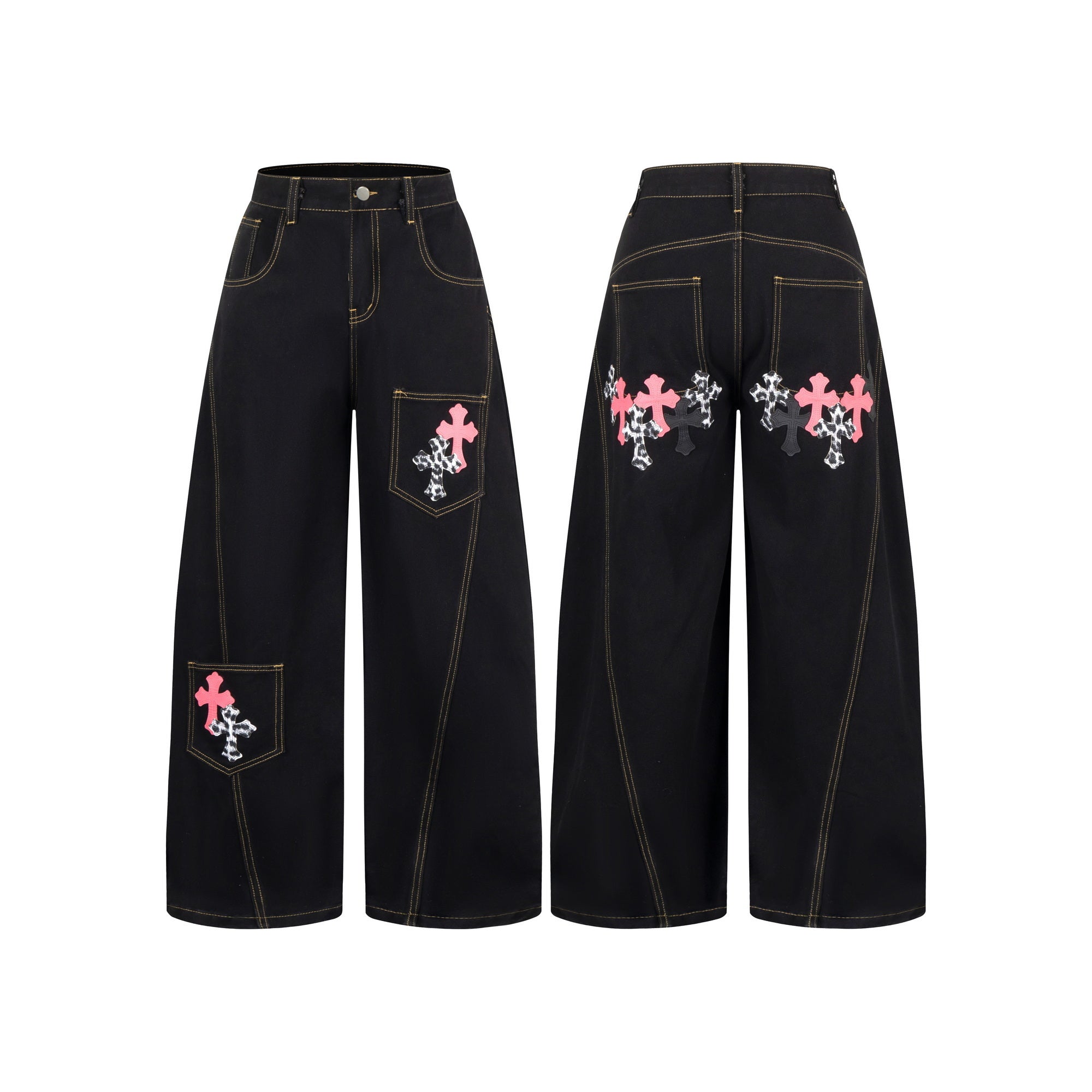 Black wide-leg jeans with pink and leopard-print cross patch appliques on front pockets and contrast yellow stitching, shown