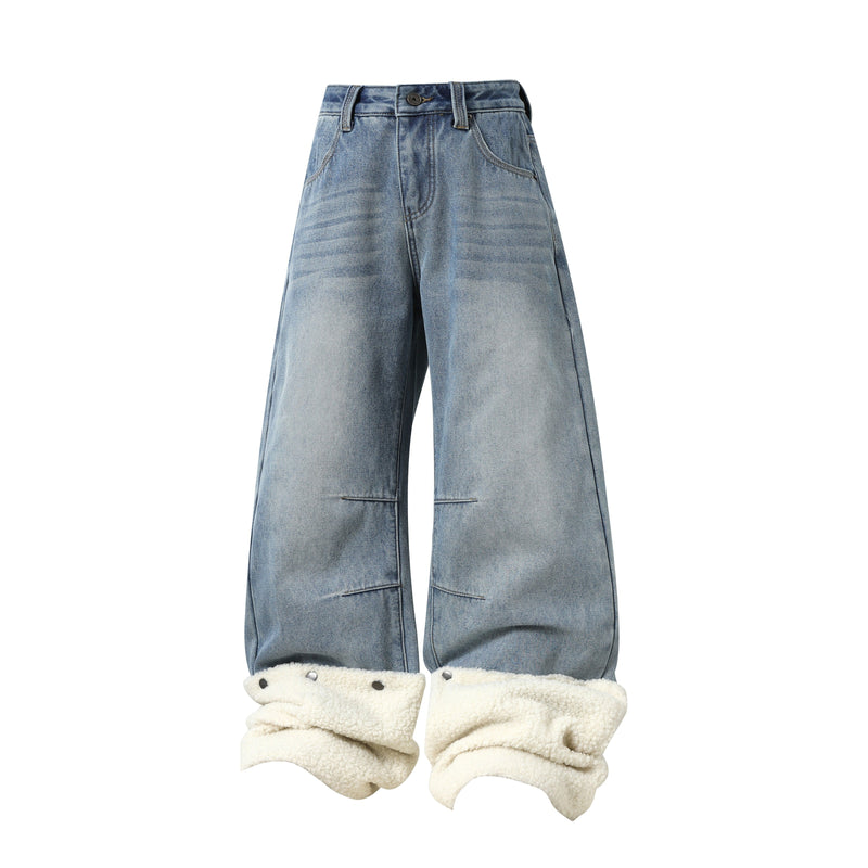 Front view of light blue wide-leg denim pants with fleece cuffs