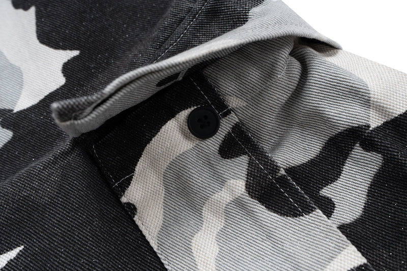 Close-up of camo shorts pocket flap with black button detail