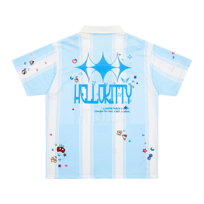 Light blue and white Hello Kitty varsity mesh jersey with striped panels and playful star graphics on the back