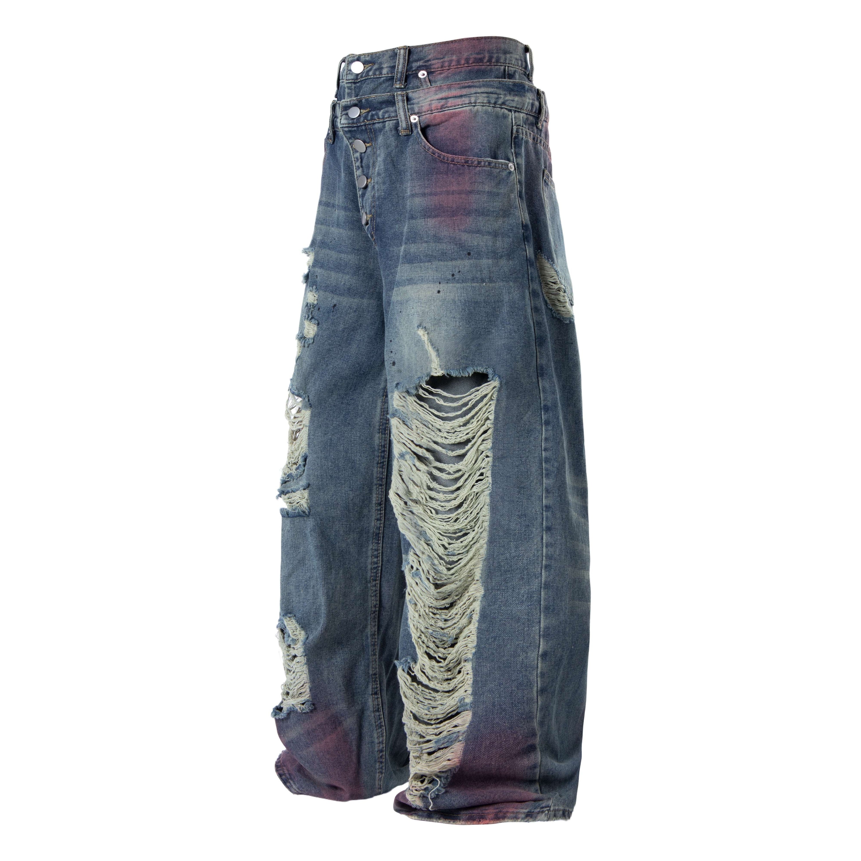 Omirad Distressed Washed Wide-Leg Jeans | Heavy Rip Denim