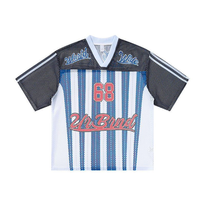 Omirad Athletics 68 mesh jersey t-shirt with blue and white vertical stripes, black mesh sleeves, and red number 68 graphic
