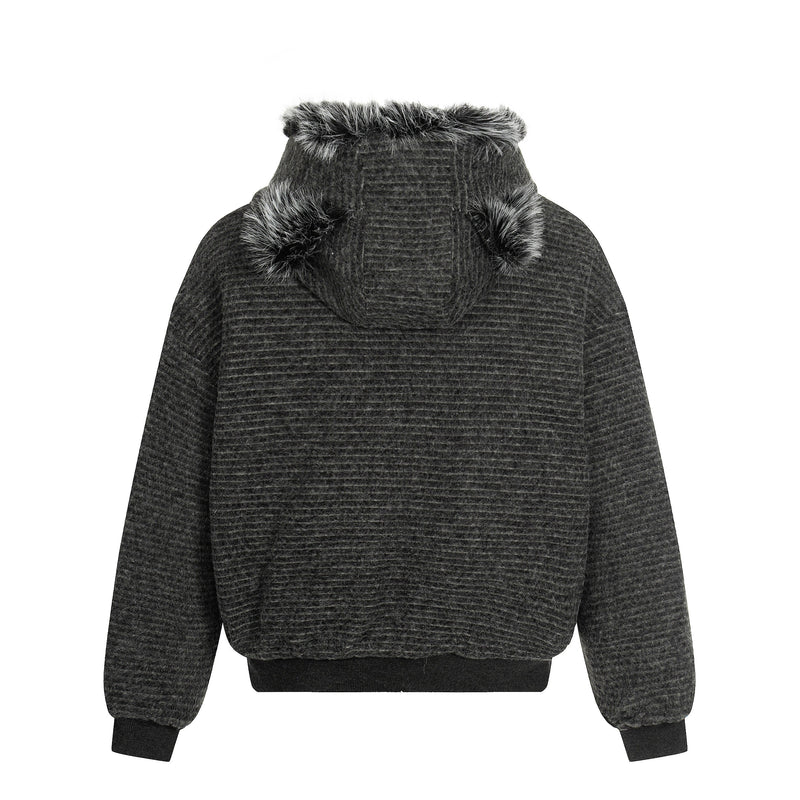 Faux-Fur Lined Striped Zip-Up Hoodie Jacket | SEAKOFF