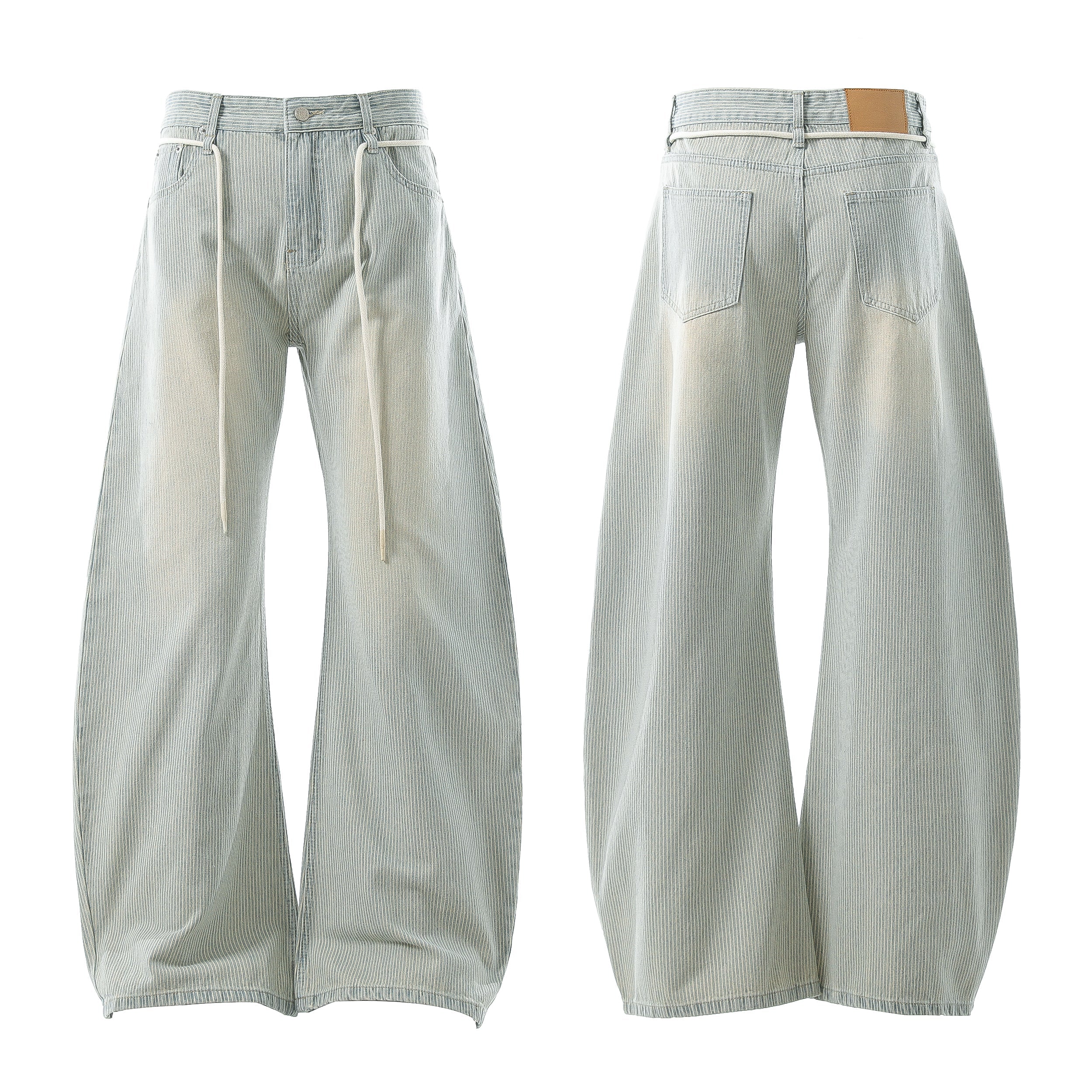 Front and back view of light washed stripe wide-leg denim pants with cream drawstring waist detail