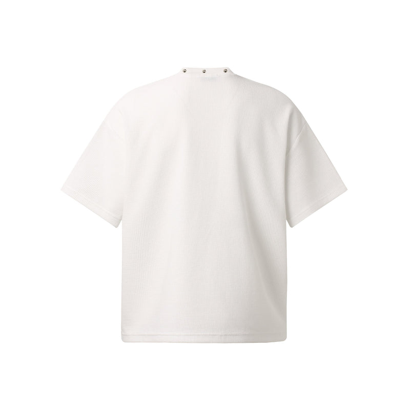 White textured short-sleeve graphic T-shirt with mock neck and snap detail, shown front view on a clean background