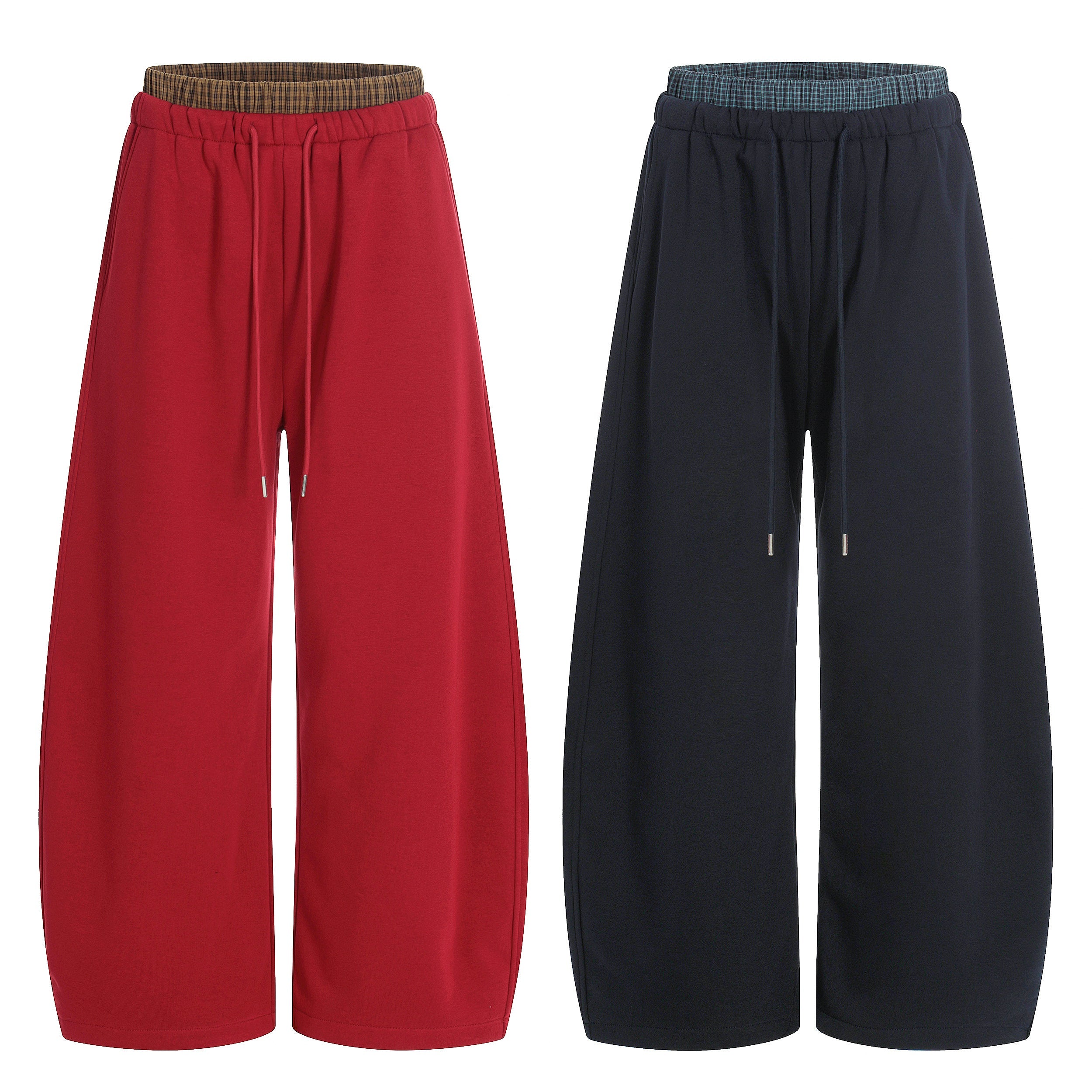 Red and navy wide-leg athletic lounge pants with contrast plaid elastic waistband and adjustable drawstring