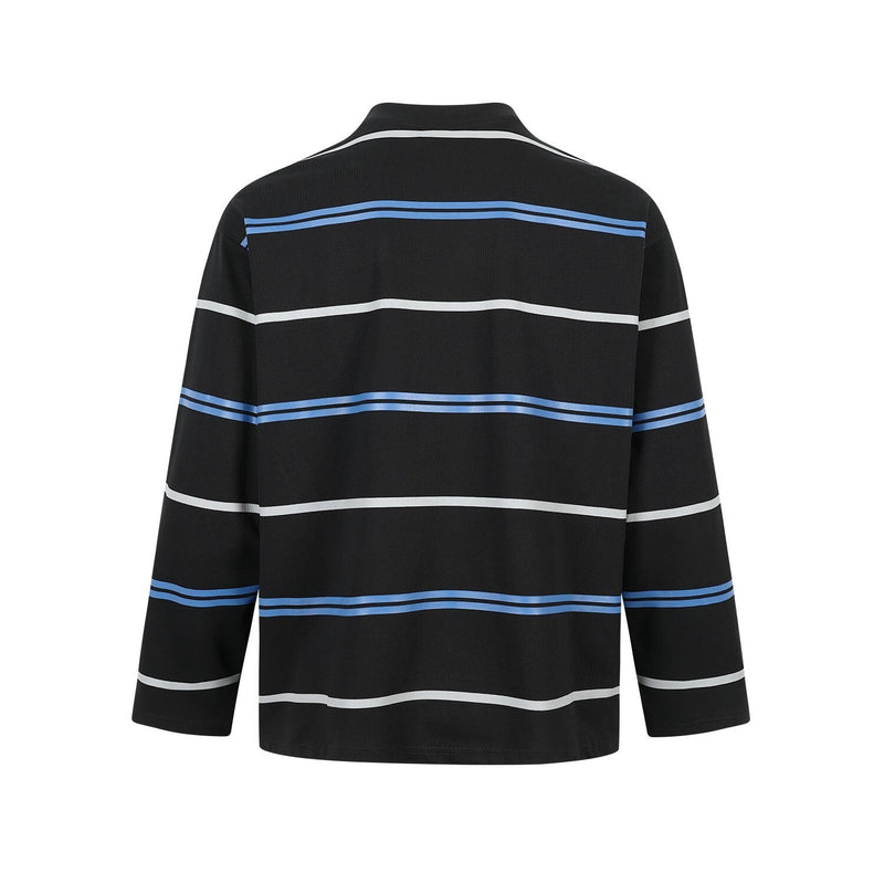 Black striped mock neck long sleeve tee shown from the back
