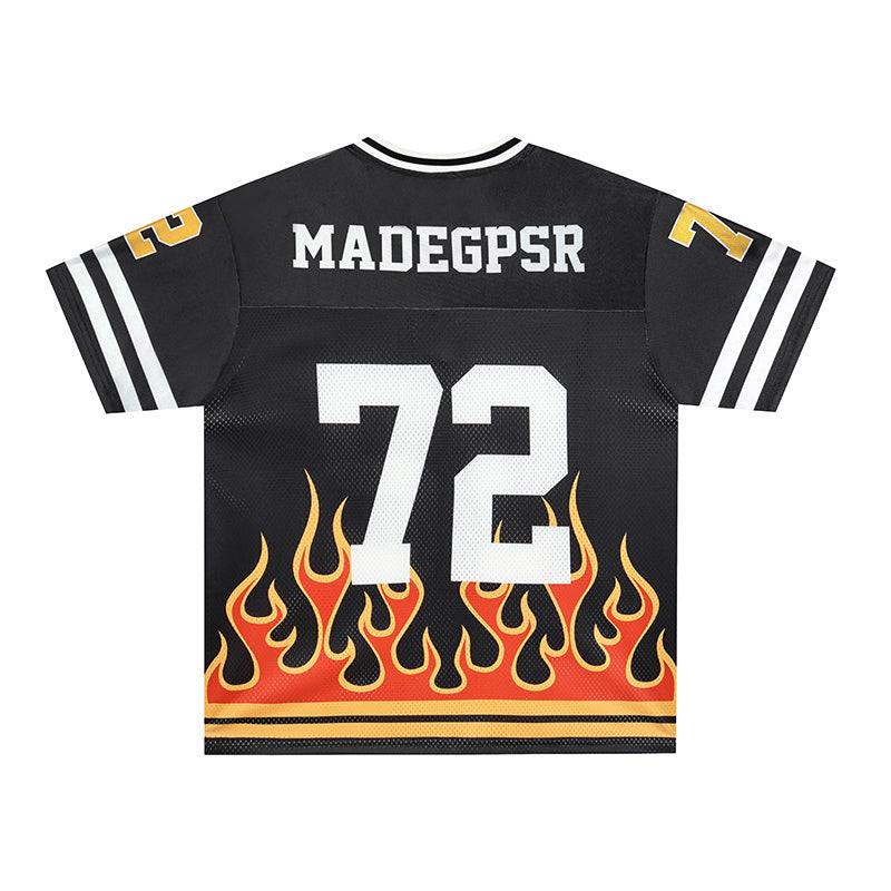 Black varsity football jersey with white 72, MADEGPSR text, and flame graphics along the hem and sleeves