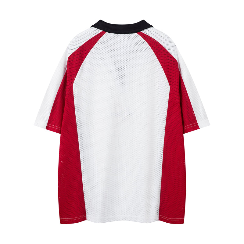 White and red mesh polo jersey with black collar and patchwork panels, shown from the back