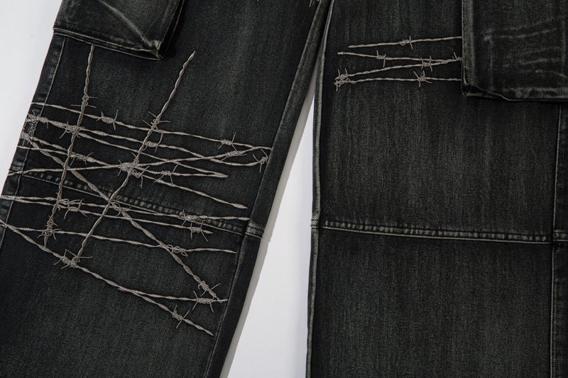 Omirad Barbed-Stitch Cargo Wide-Leg Jeans | Streetwear