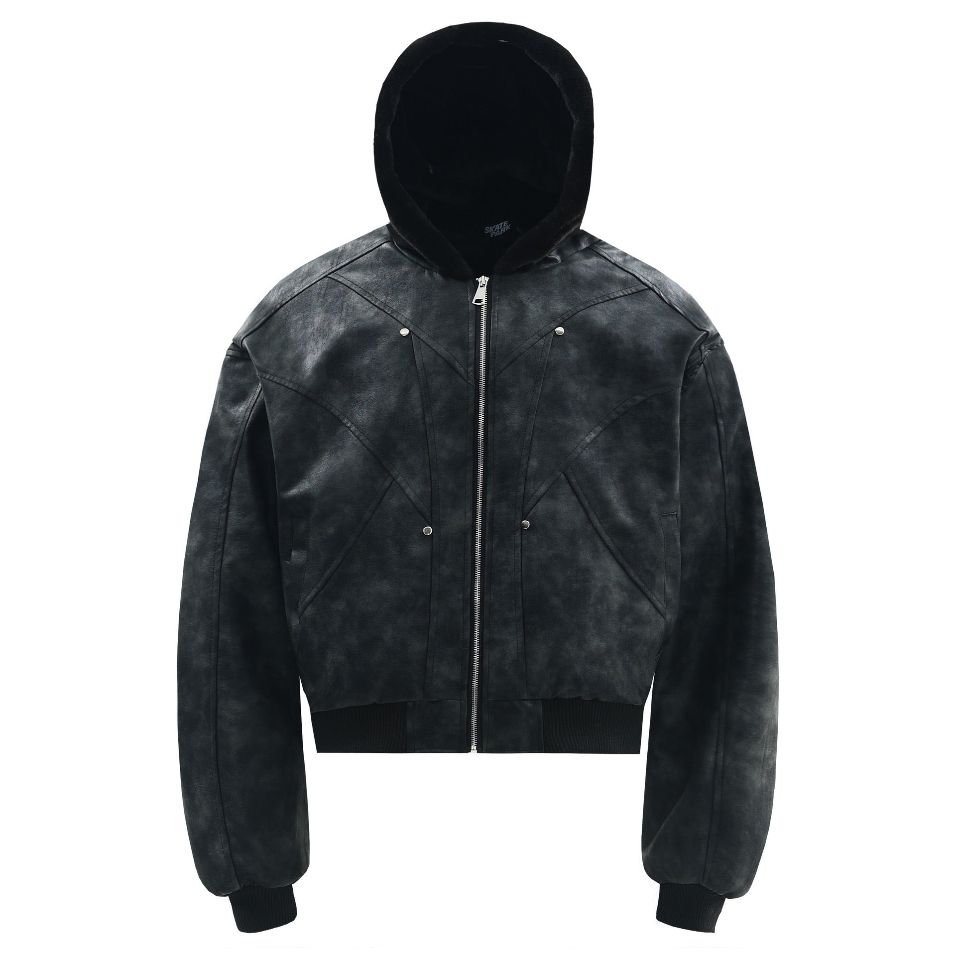 Front view of a cropped black hooded PU leather bomber jacket with geometric panel stitching and silver zip closure