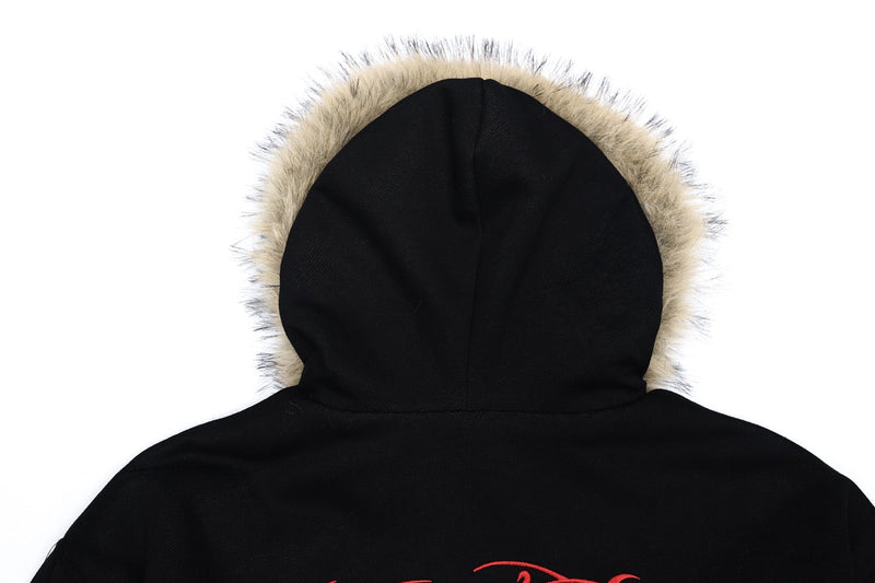 Faux-Fur Hood Embroidered Cropped Bomber Jacket | Streetwear