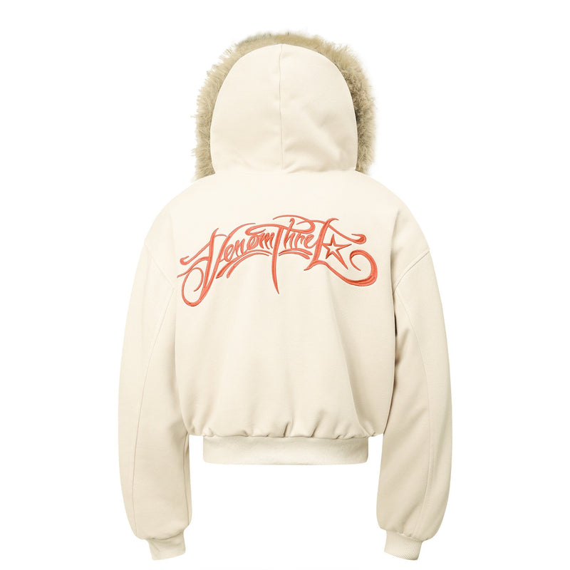 Faux-Fur Hood Embroidered Cropped Bomber Jacket | Streetwear