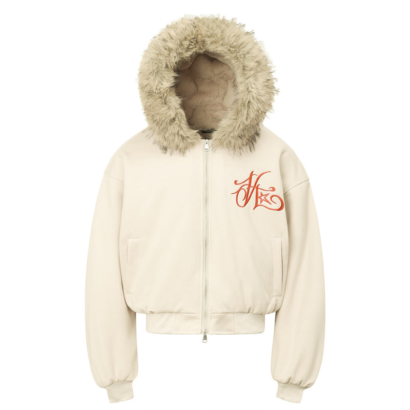 Faux-Fur Hood Embroidered Cropped Bomber Jacket | Streetwear