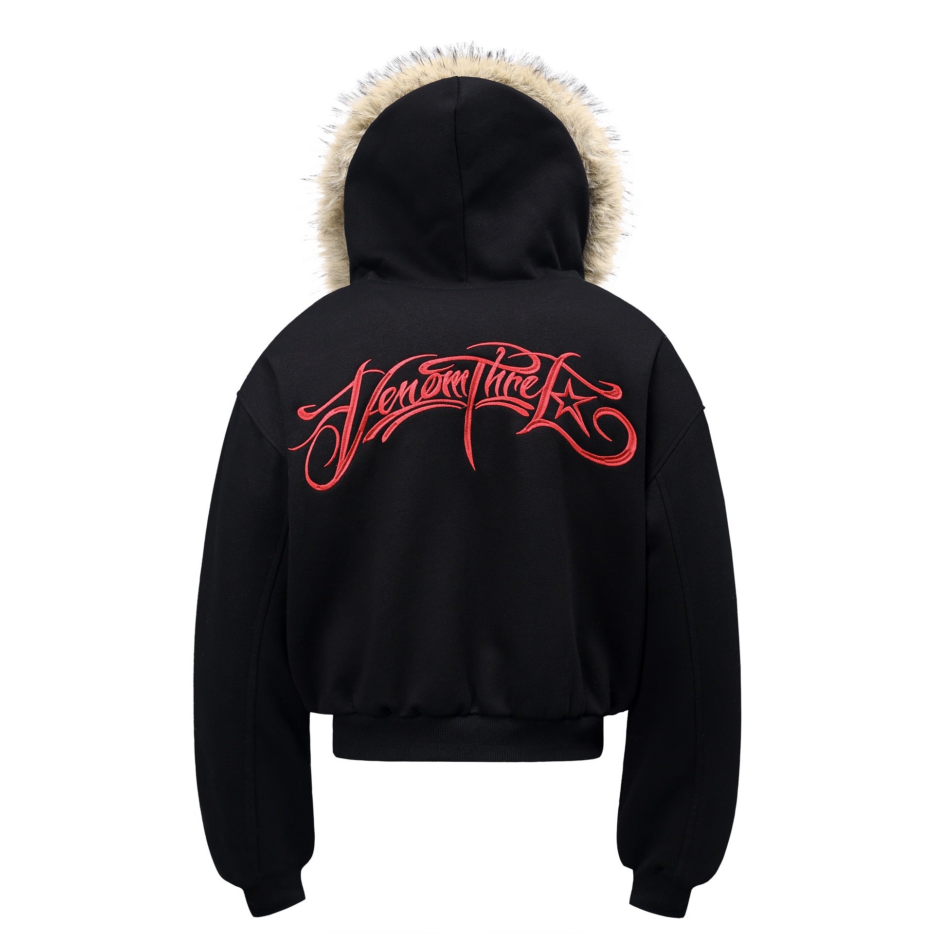 Faux-Fur Hood Embroidered Cropped Bomber Jacket | Streetwear