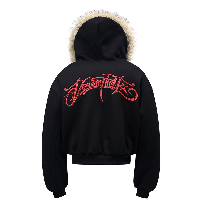 Faux-Fur Hood Embroidered Cropped Bomber Jacket | Streetwear