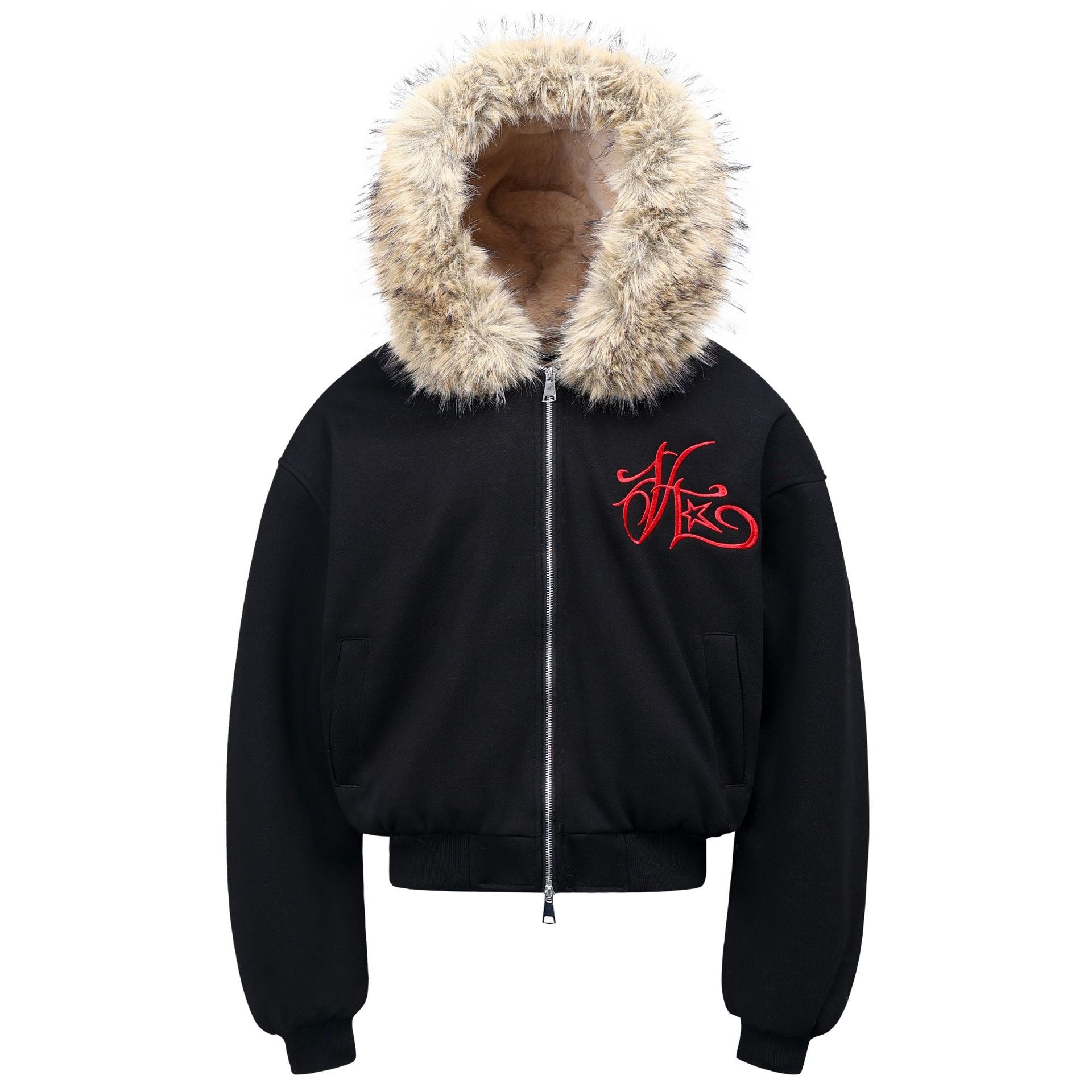 Black cropped bomber jacket with faux-fur trimmed hood and red script logo embroidery on the chest