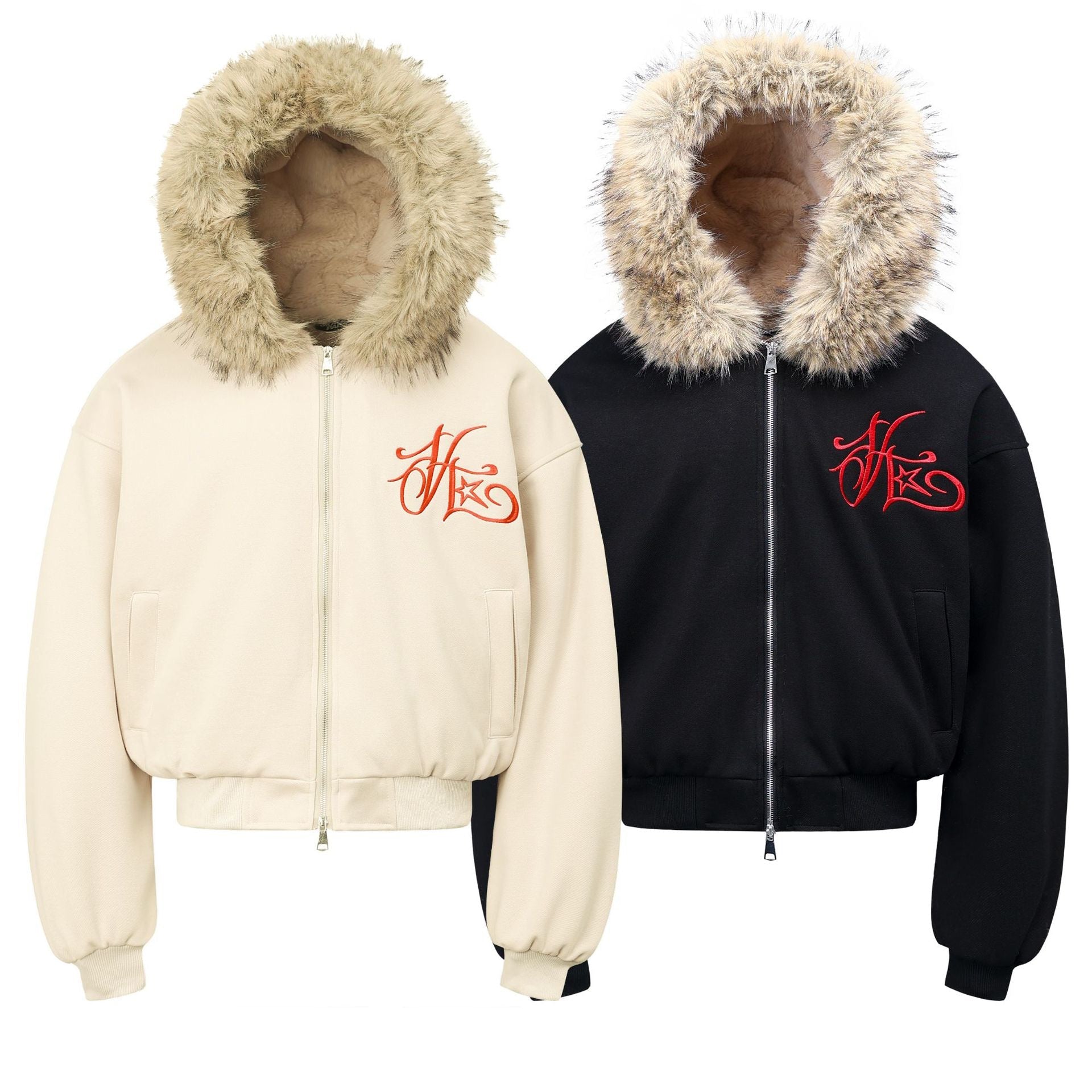 Faux-Fur Hood Embroidered Cropped Bomber Jacket | Streetwear