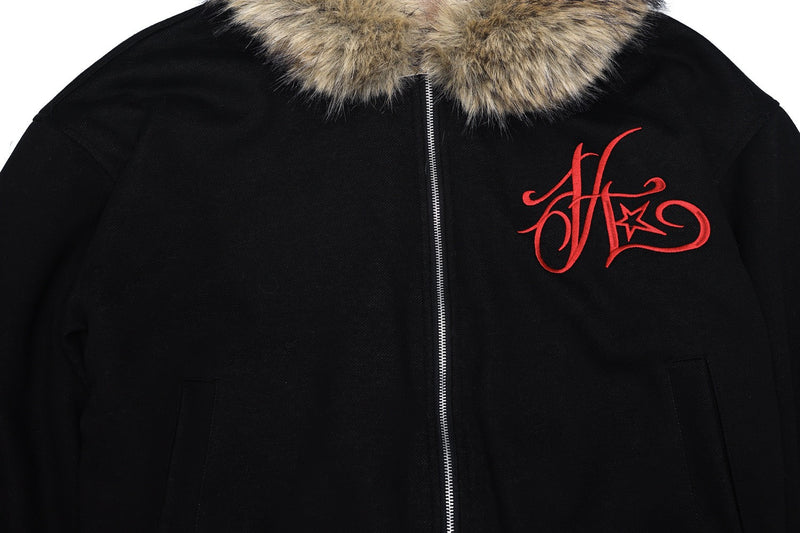 Faux-Fur Hood Embroidered Cropped Bomber Jacket | Streetwear