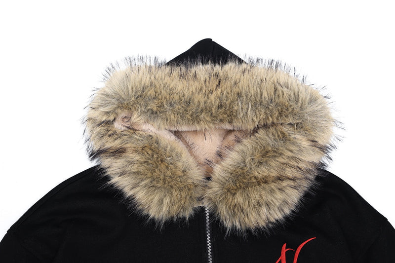 Faux-Fur Hood Embroidered Cropped Bomber Jacket | Streetwear
