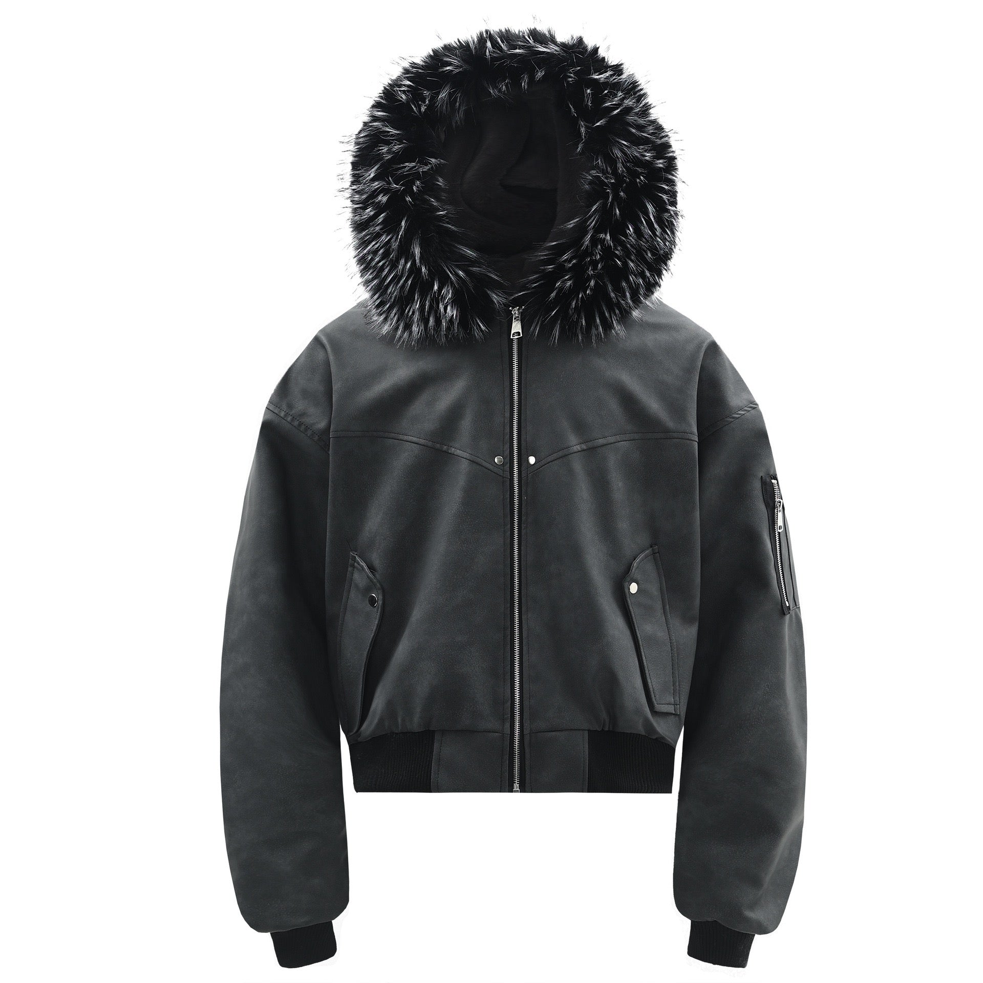 Cropped black PU bomber jacket with oversized faux fur hood trim, zip front closure, and utility pockets, front view