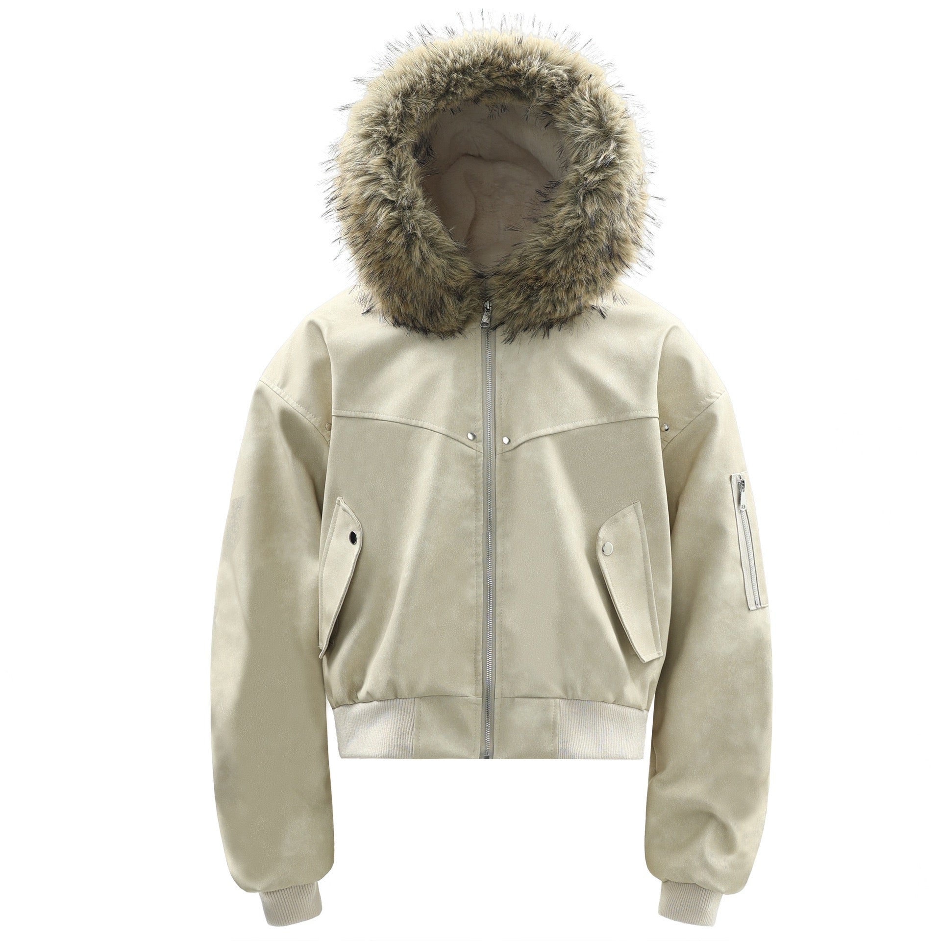 Faux Fur Hood PU Bomber Jacket | Cropped Street Style