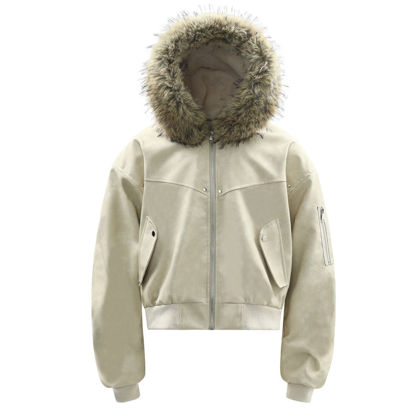 Faux Fur Hood PU Bomber Jacket | Cropped Street Style