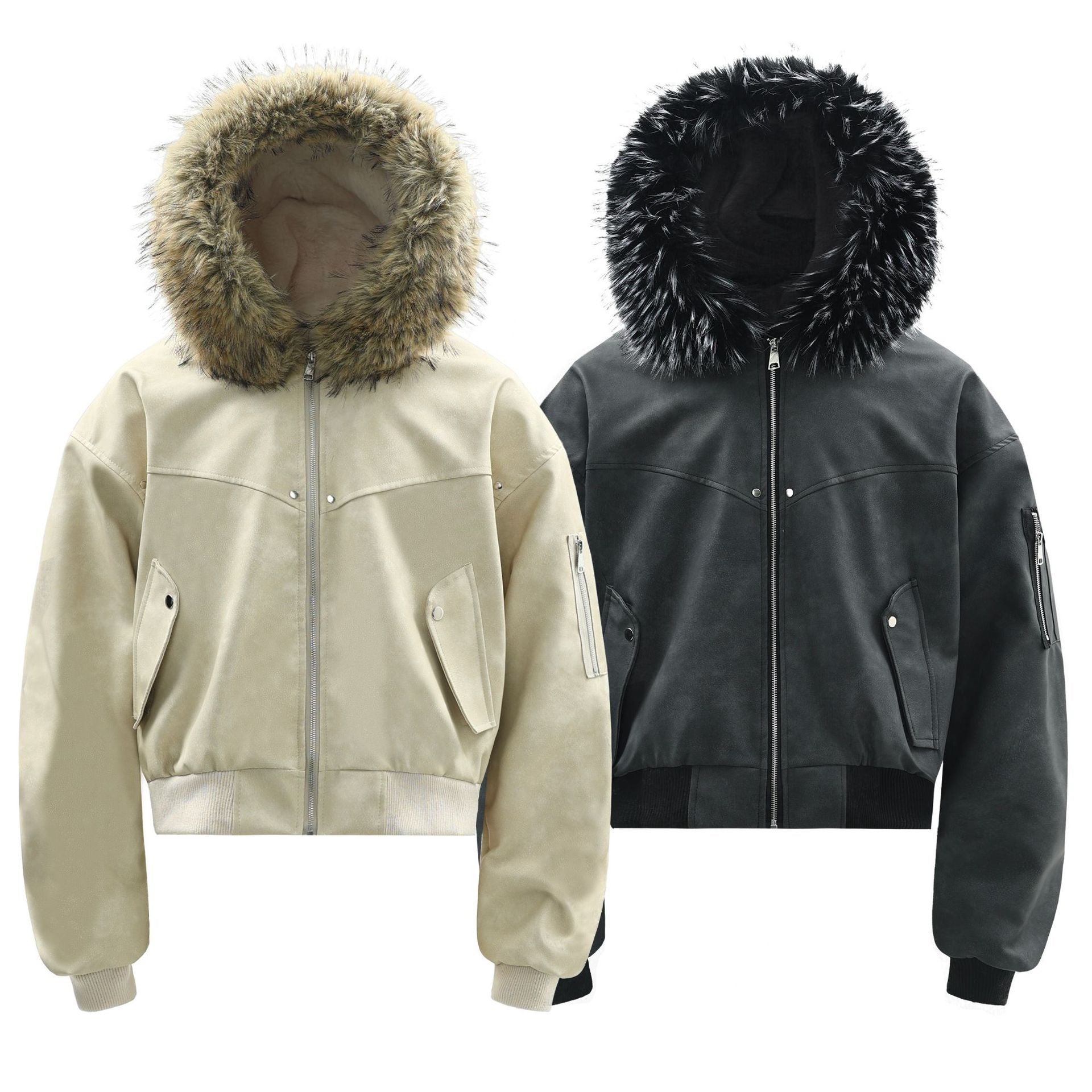 Faux Fur Hood PU Bomber Jacket | Cropped Street Style