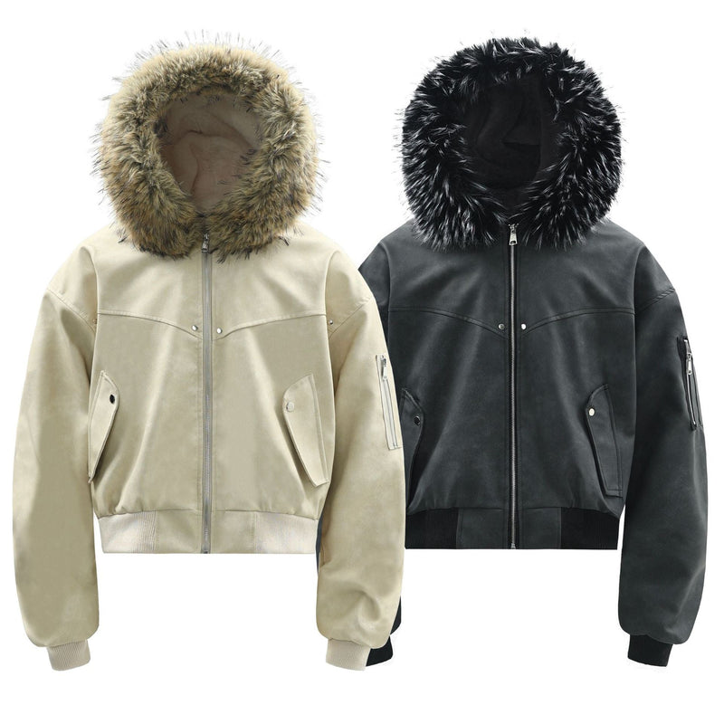 Faux Fur Hood PU Bomber Jacket | Cropped Street Style
