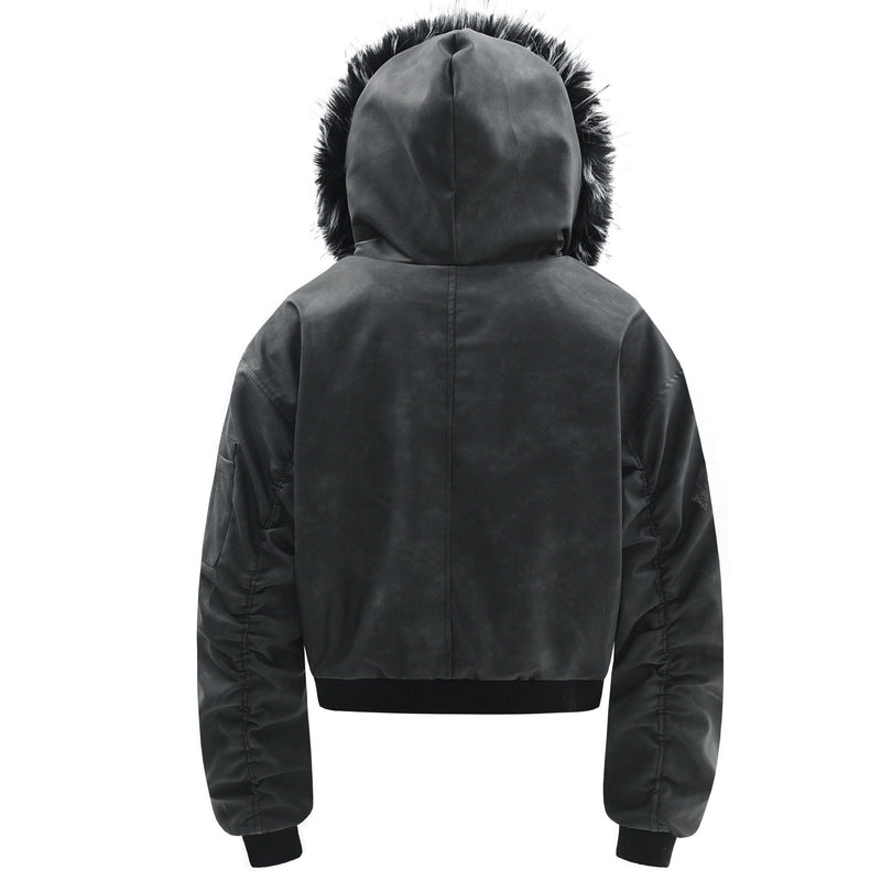 Faux Fur Hood PU Bomber Jacket | Cropped Street Style