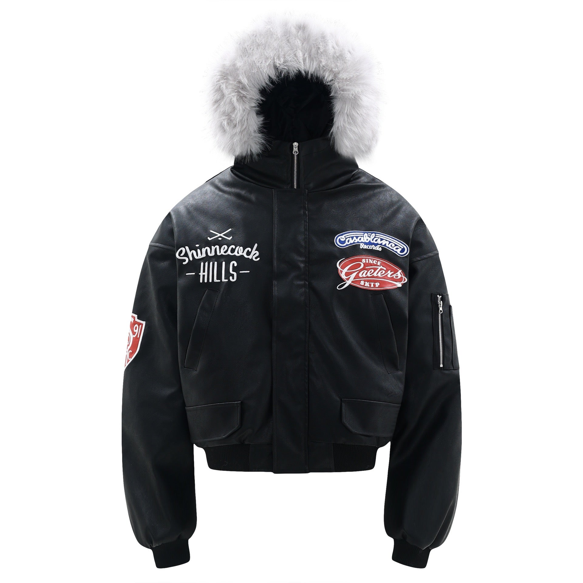 Black PU cropped bomber jacket with white faux fur hood trim and Shinnecock Hills embroidered patches on front
