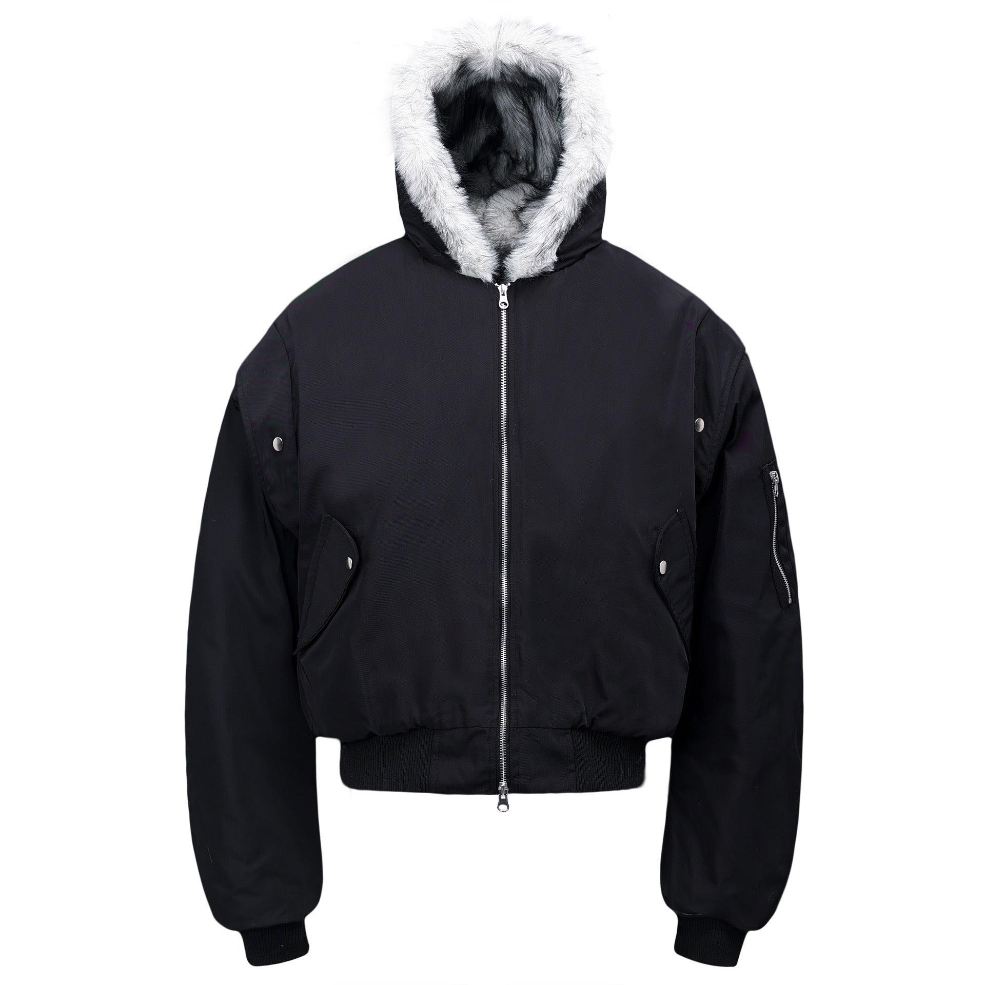 Black nylon cropped bomber jacket with white faux fur-trimmed detachable hood, front zip closure and snap pockets
