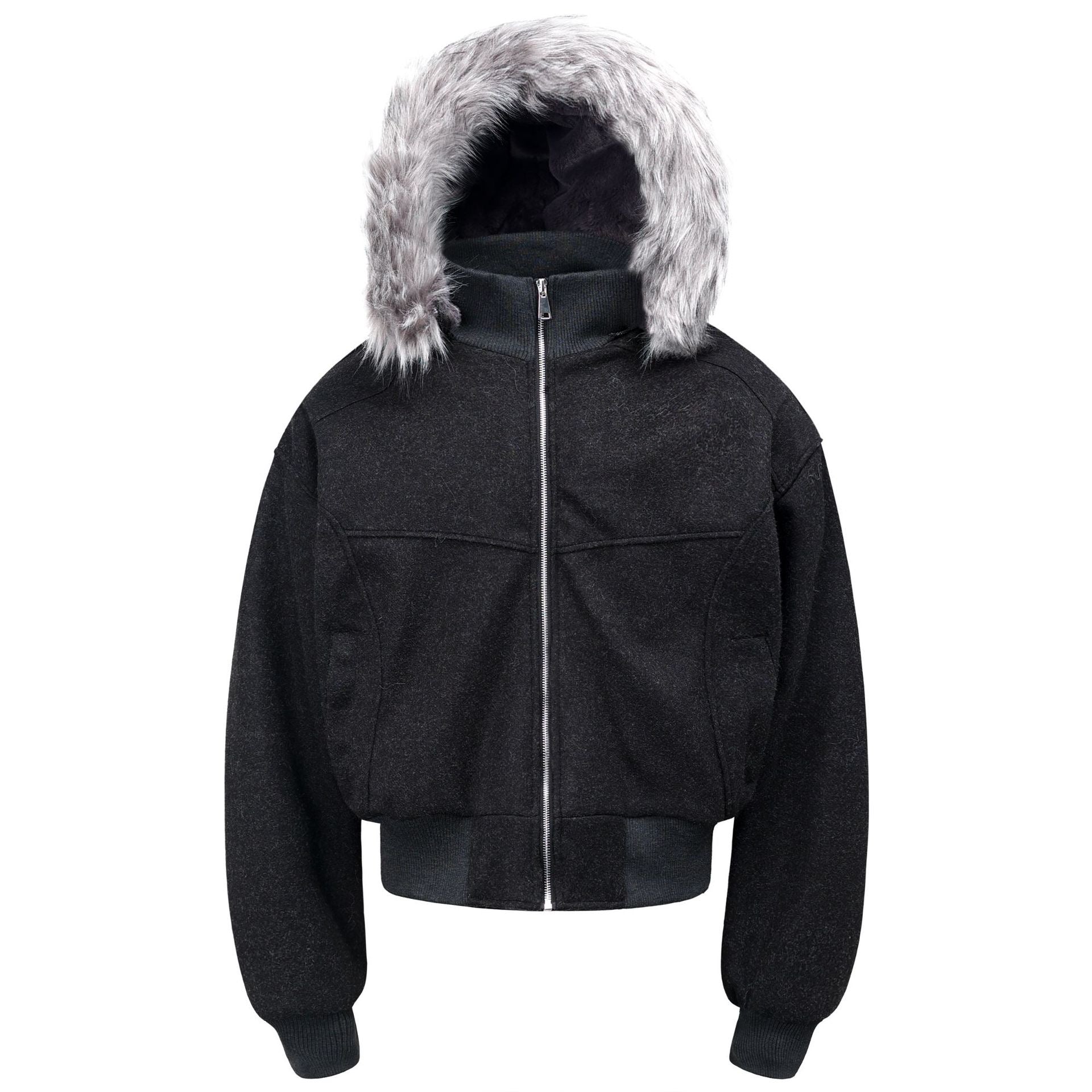 Charcoal cropped bomber jacket with oversized grey faux fur-trim hood and full front zip closure, front view