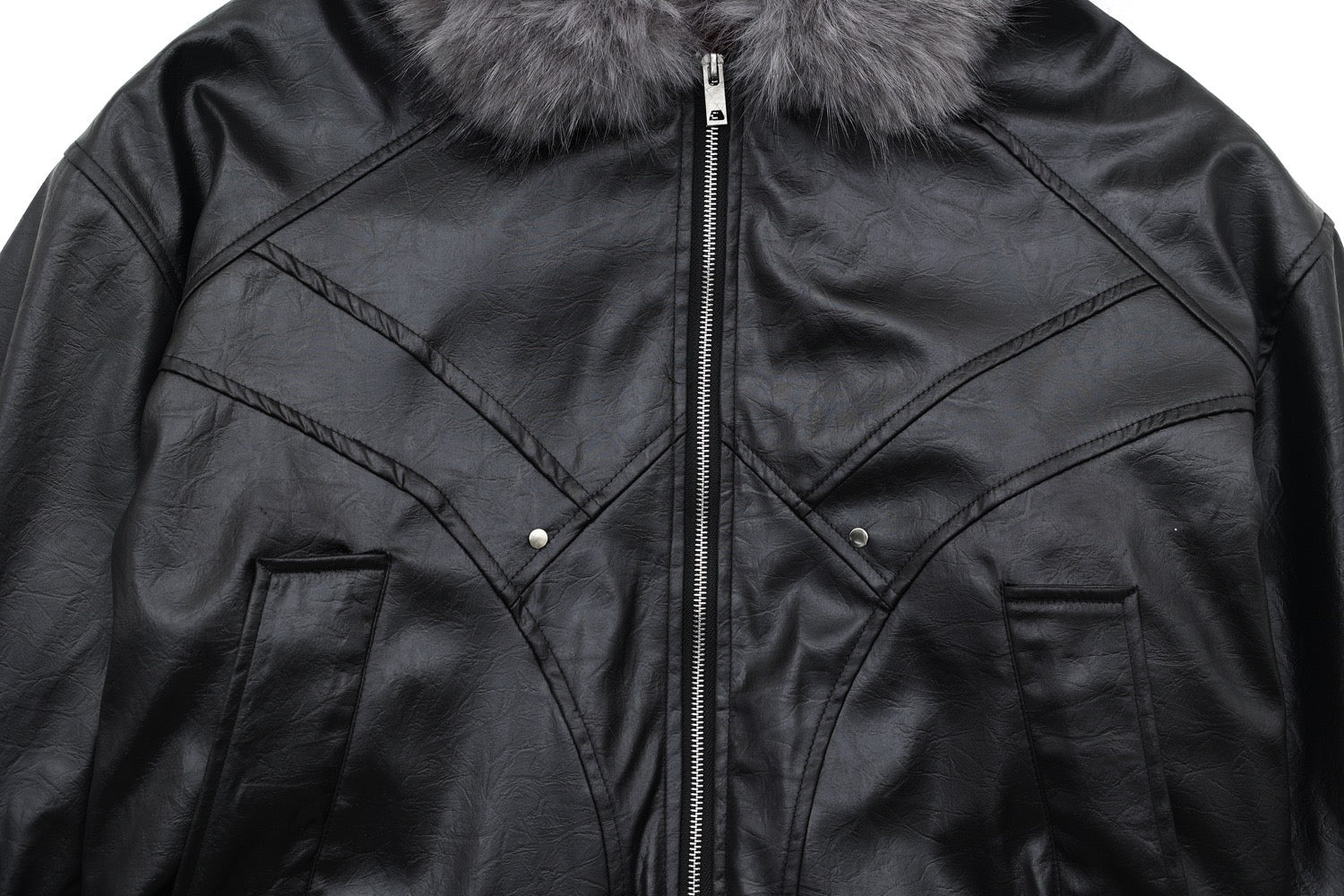 Cropped PU Leather Bomber Jacket with Oversized Faux-Fur Hood
