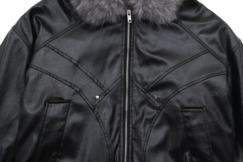 Cropped PU Leather Bomber Jacket with Oversized Faux-Fur Hood