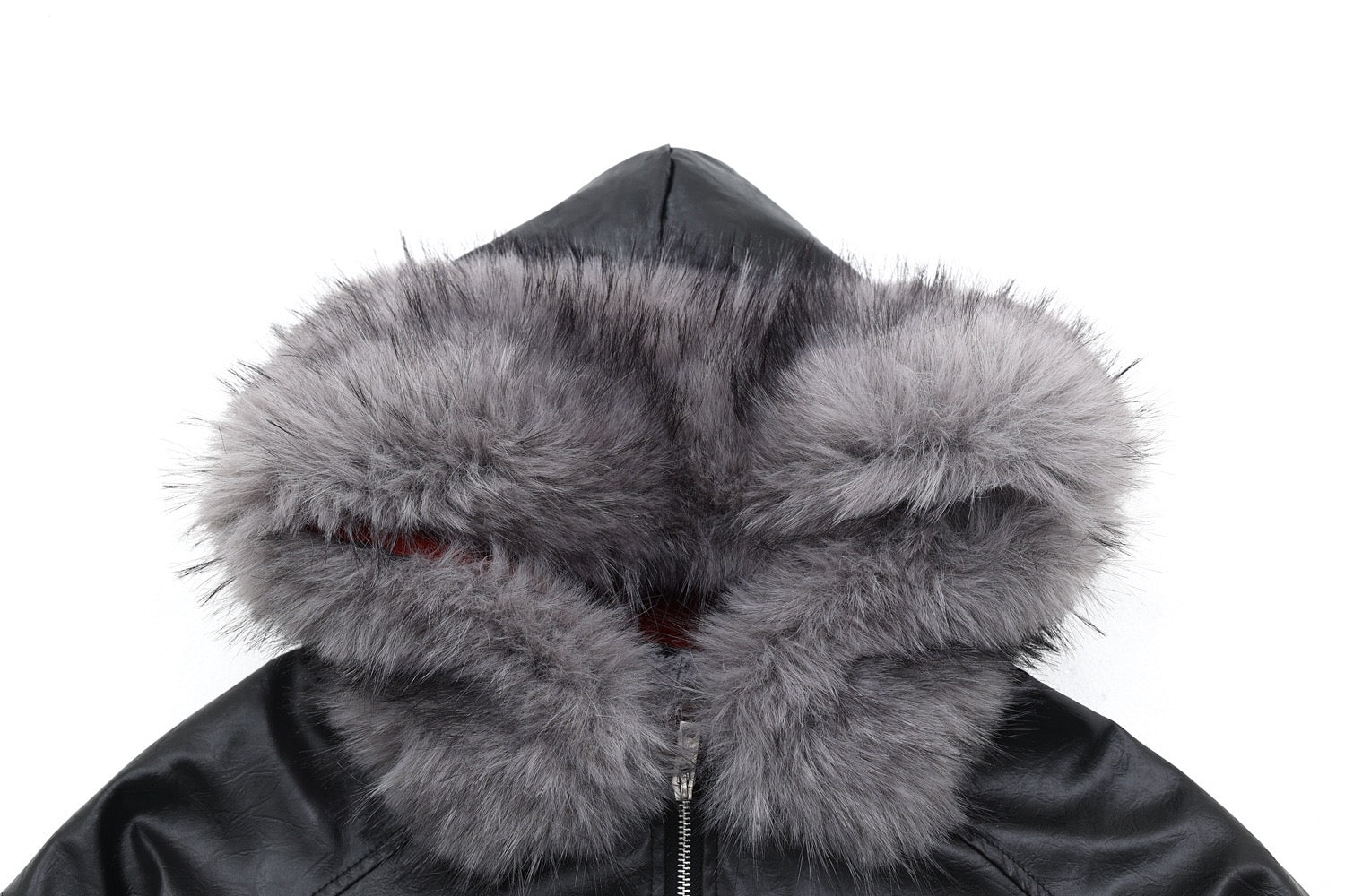 Cropped PU Leather Bomber Jacket with Oversized Faux-Fur Hood